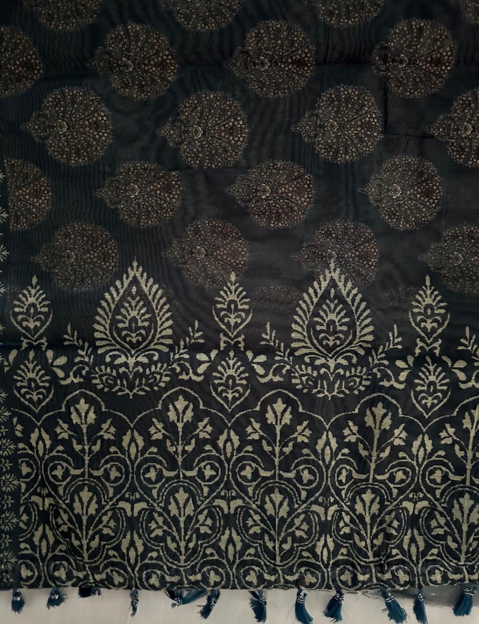 Deep Charcoal Grey Floral Design Saree with Muted Maroon Motifs & Antique Beige Border