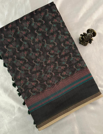 Dark Green Tone Self-Woven Floral Design Saree with Striped Border