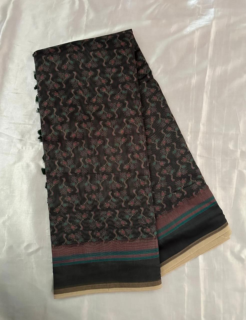 Dark Green Tone Self-Woven Floral Design Saree with Striped Border