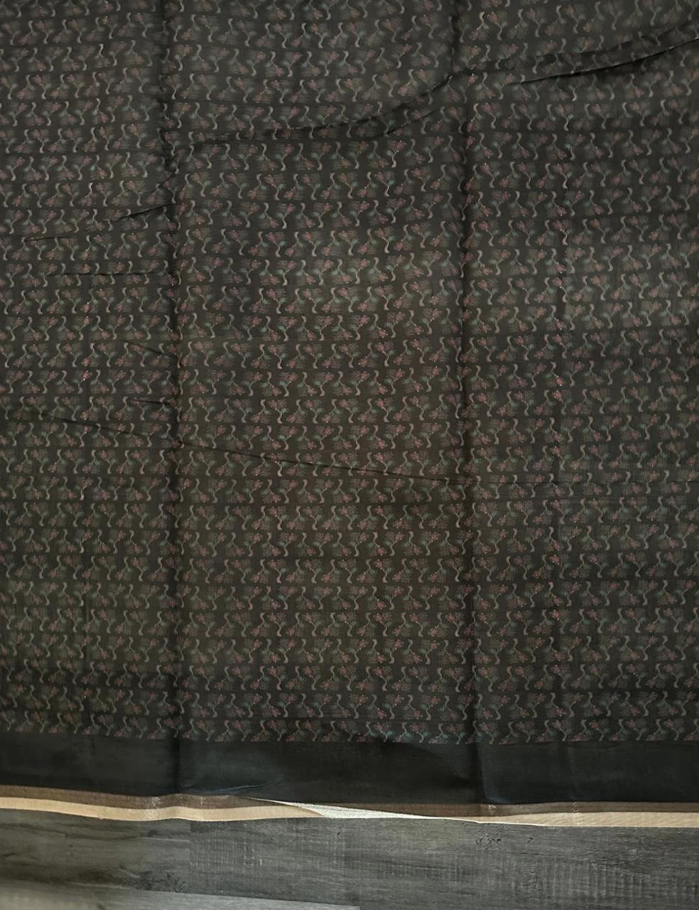 Dark Green Tone Self-Woven Floral Design Saree with Striped Border