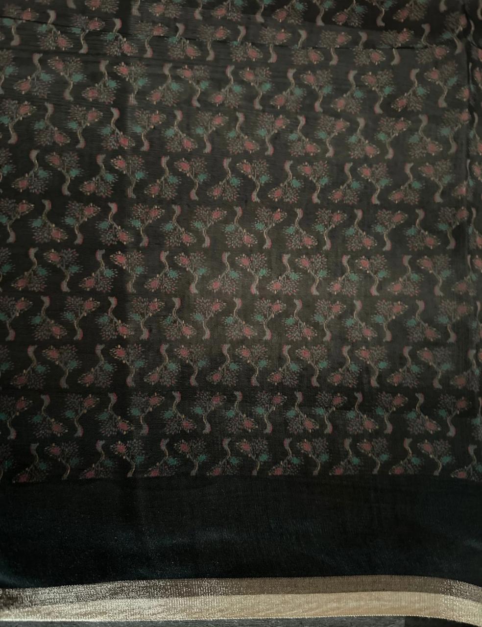 Dark Green Tone Self-Woven Floral Design Saree with Striped Border