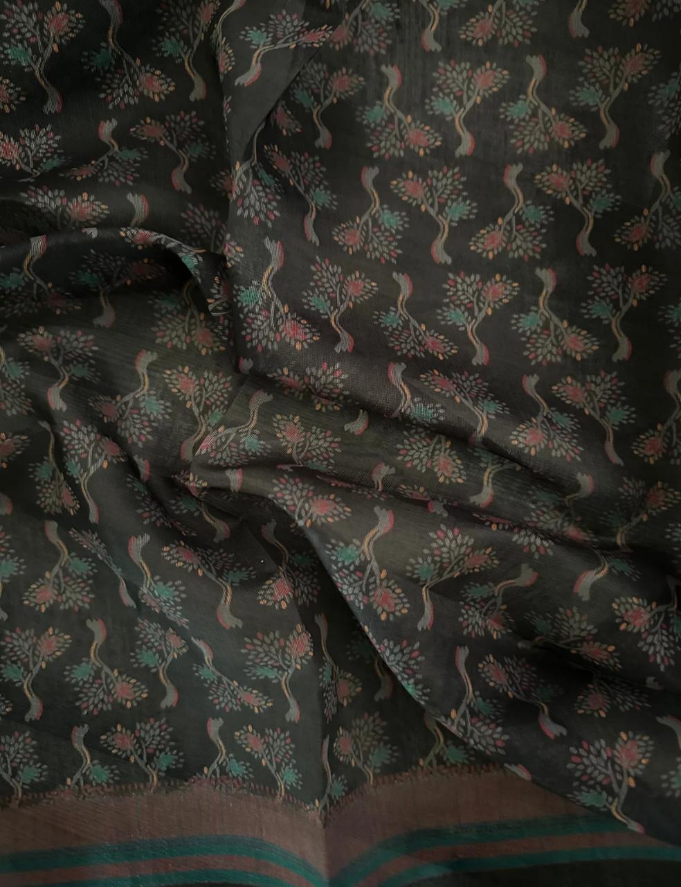 Dark Green Tone Self-Woven Floral Design Saree with Striped Border