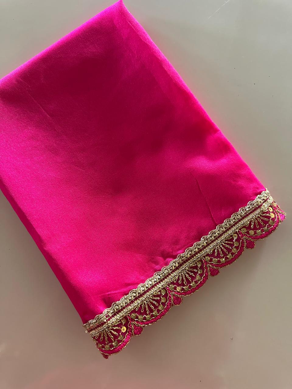 Sage Green Tissue Silk Saree with Magenta Pink Blouse & Designer Lace Border