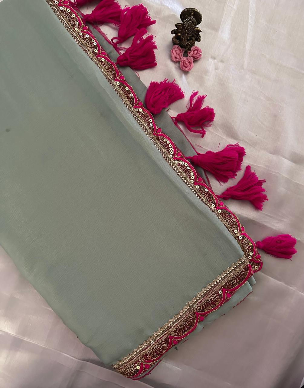 Mint Green Space Silk Saree with Magenta Pink Embroidered Border & Blouse