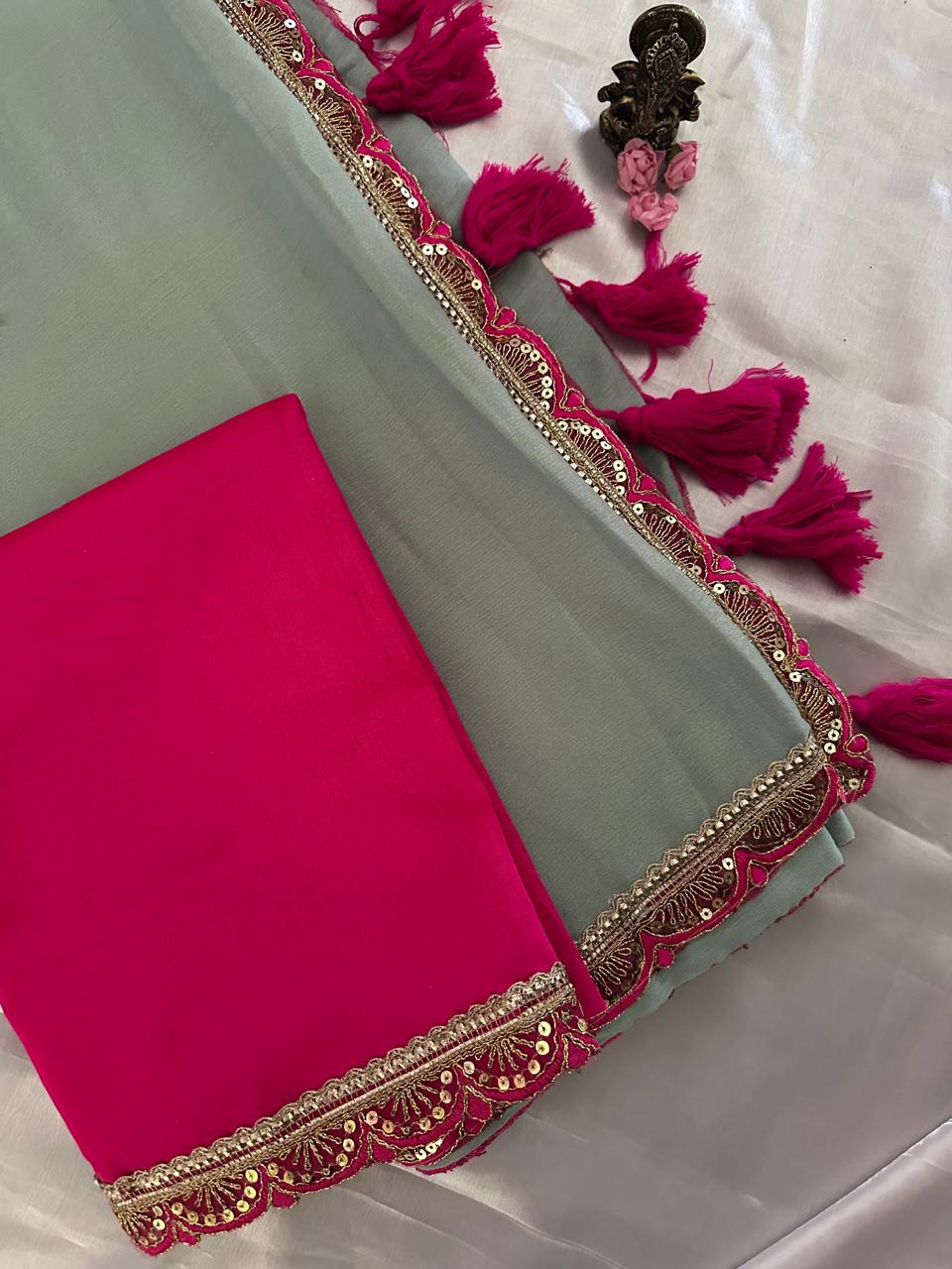 Sage Green Tissue Silk Saree with Magenta Pink Blouse & Designer Lace Border