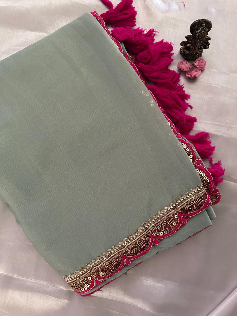 Sage Green Tissue Silk Saree with Magenta Pink Blouse & Designer Lace Border