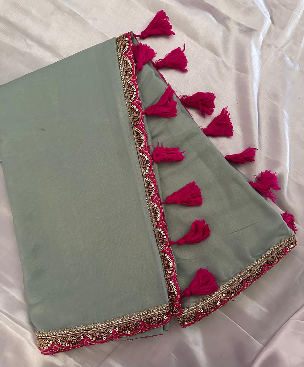 Mint Green Space Silk Saree with Magenta Pink Embroidered Border & Blouse
