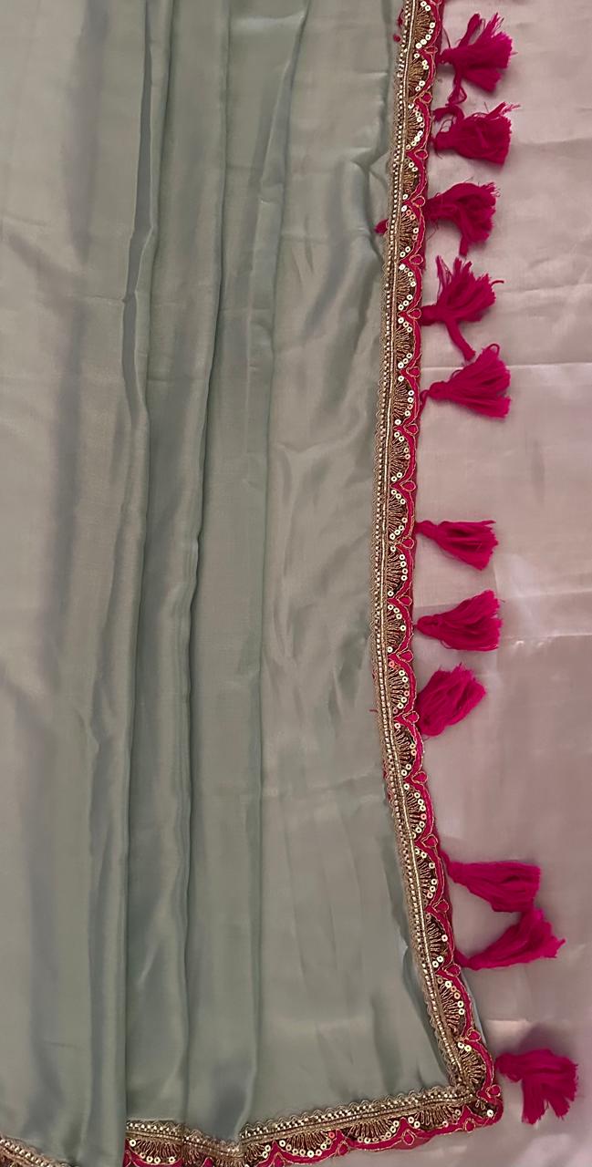 Sage Green Tissue Silk Saree with Magenta Pink Blouse & Designer Lace Border