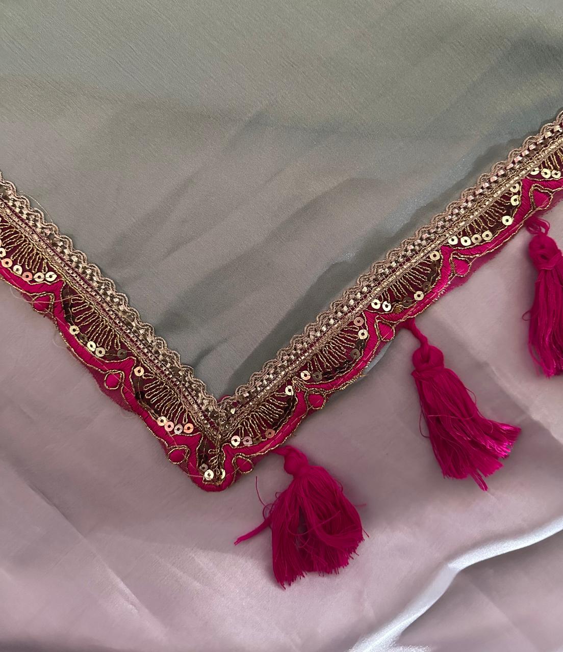 Sage Green Tissue Silk Saree with Magenta Pink Blouse & Designer Lace Border