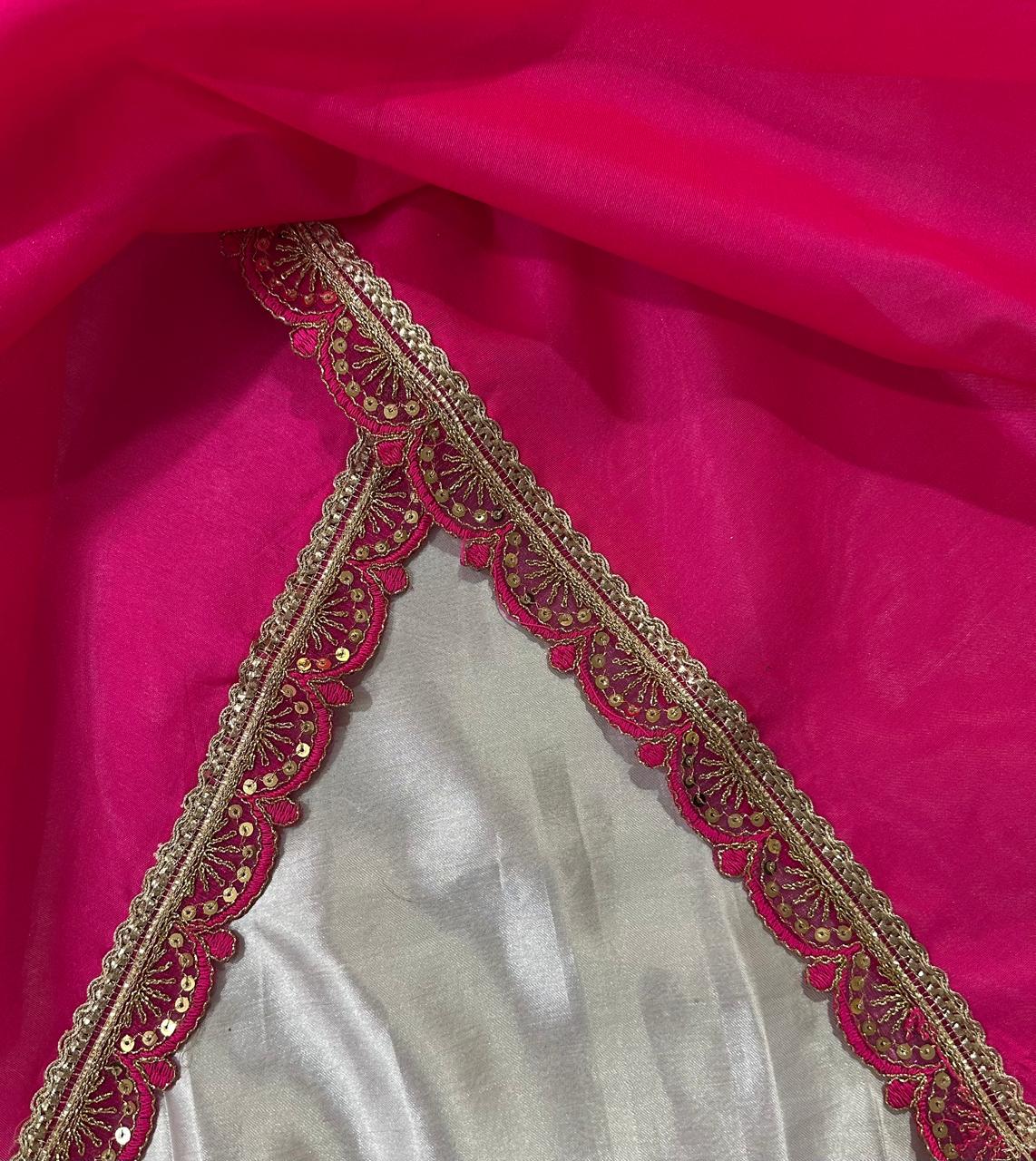 Mustard Yellow Organza Saree with Magenta Pink Embroidered Border & Blouse
