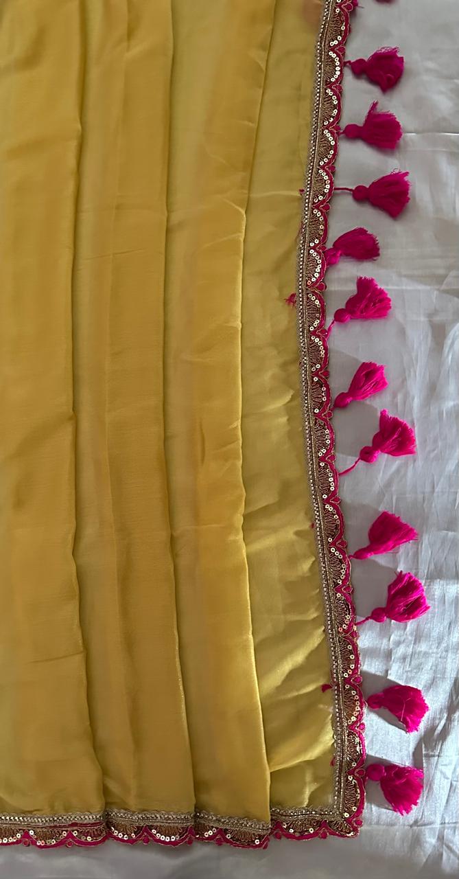 Mustard Yellow Organza Saree with Magenta Pink Embroidered Border & Blouse