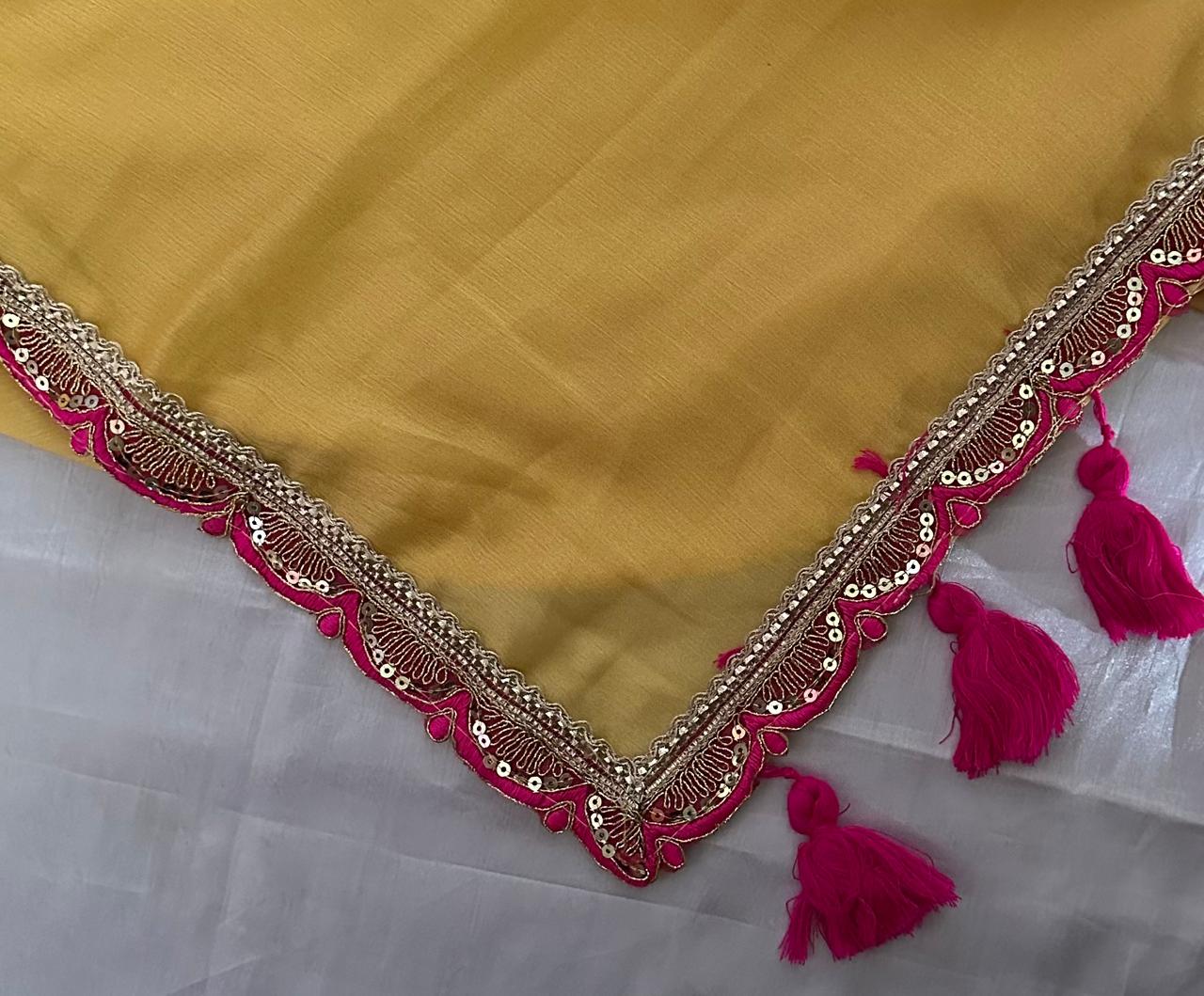 Mustard Yellow Organza Saree with Magenta Pink Embroidered Border & Blouse