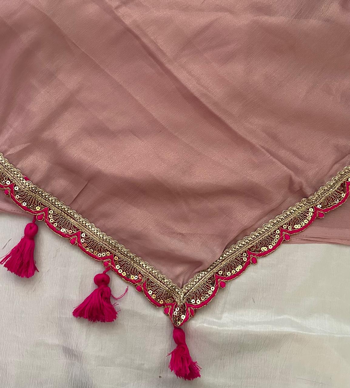 Rose Brown Organza Saree with Magenta Pink Embroidered Border & Blouse