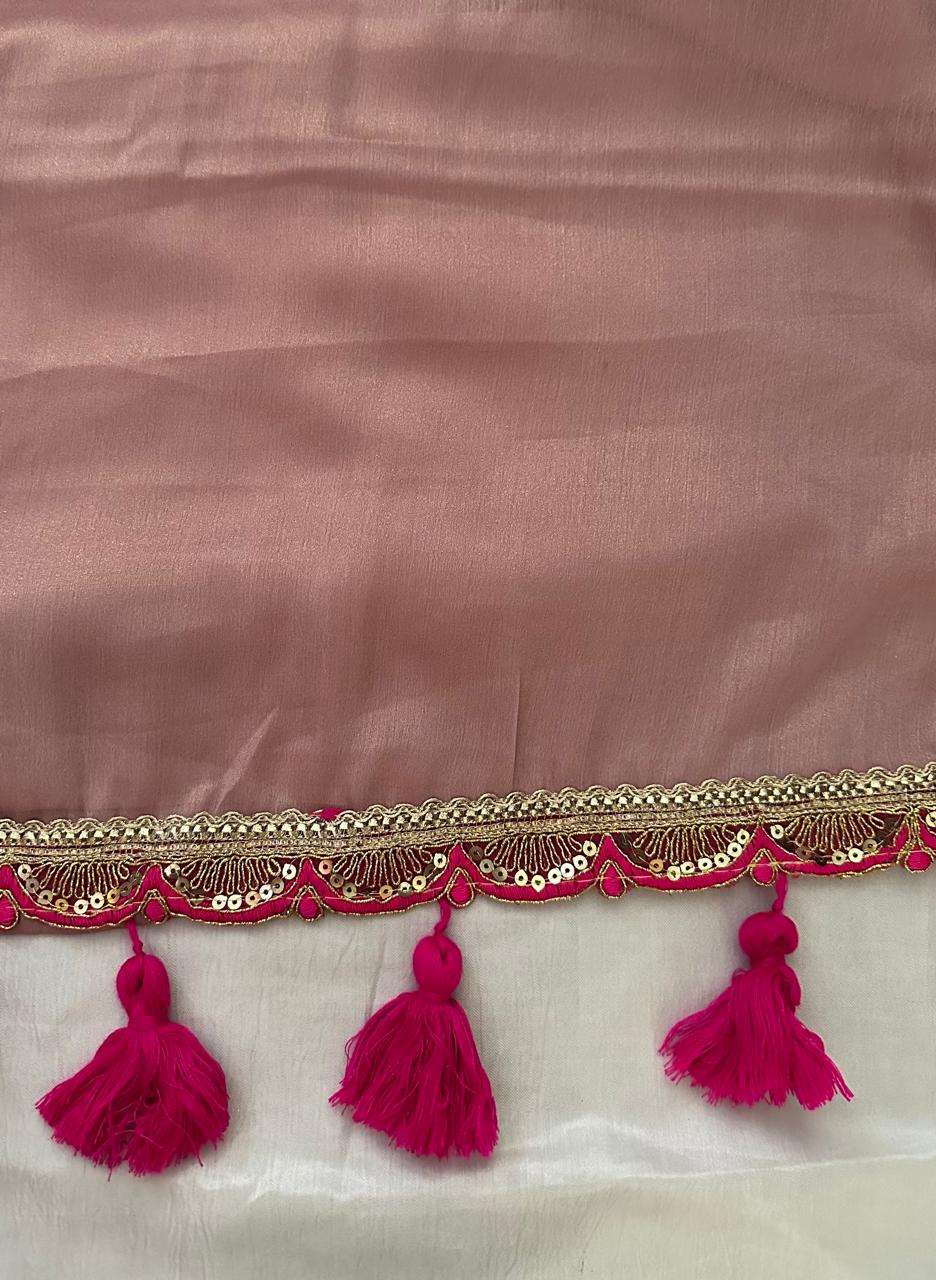 Rose Brown Organza Saree with Magenta Pink Embroidered Border & Blouse