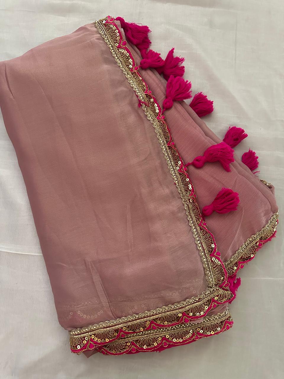 Rose Brown Organza Saree with Magenta Pink Embroidered Border & Blouse