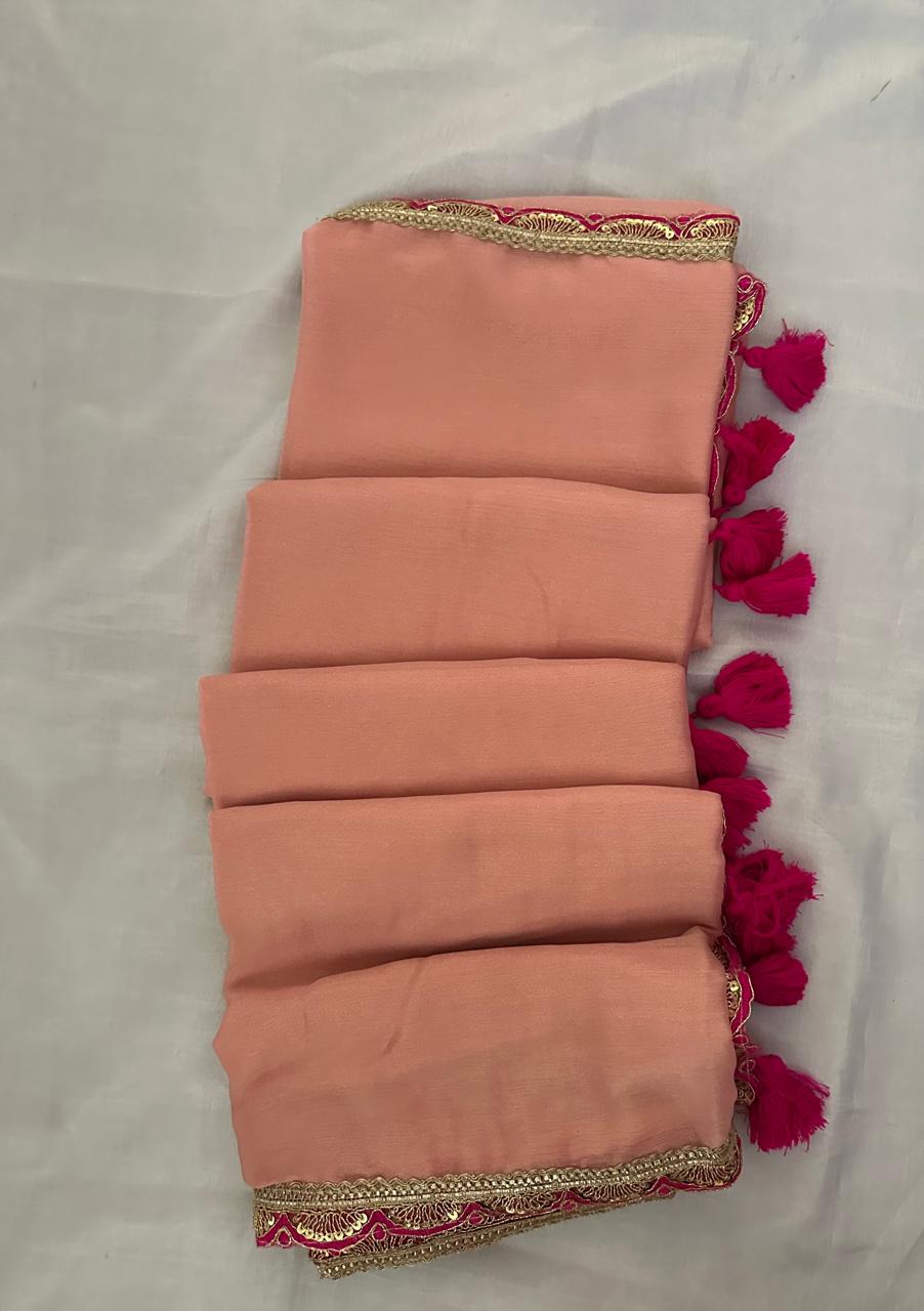 Peach Colour Soft Silk Saree with Contrast Pink Blouse & Elegant Border