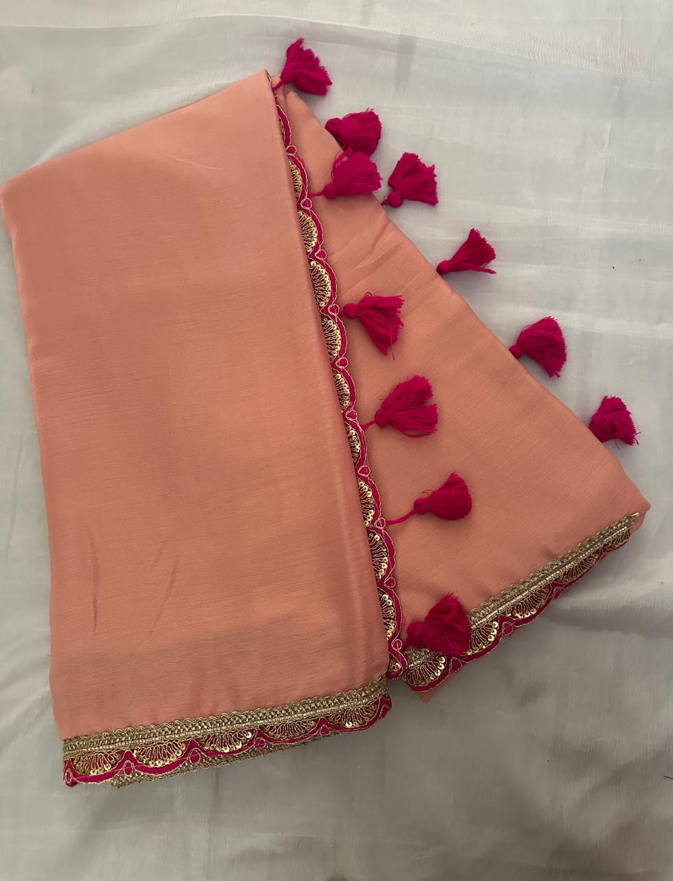 Peach Colour Soft Silk Saree with Contrast Pink Blouse & Elegant Border
