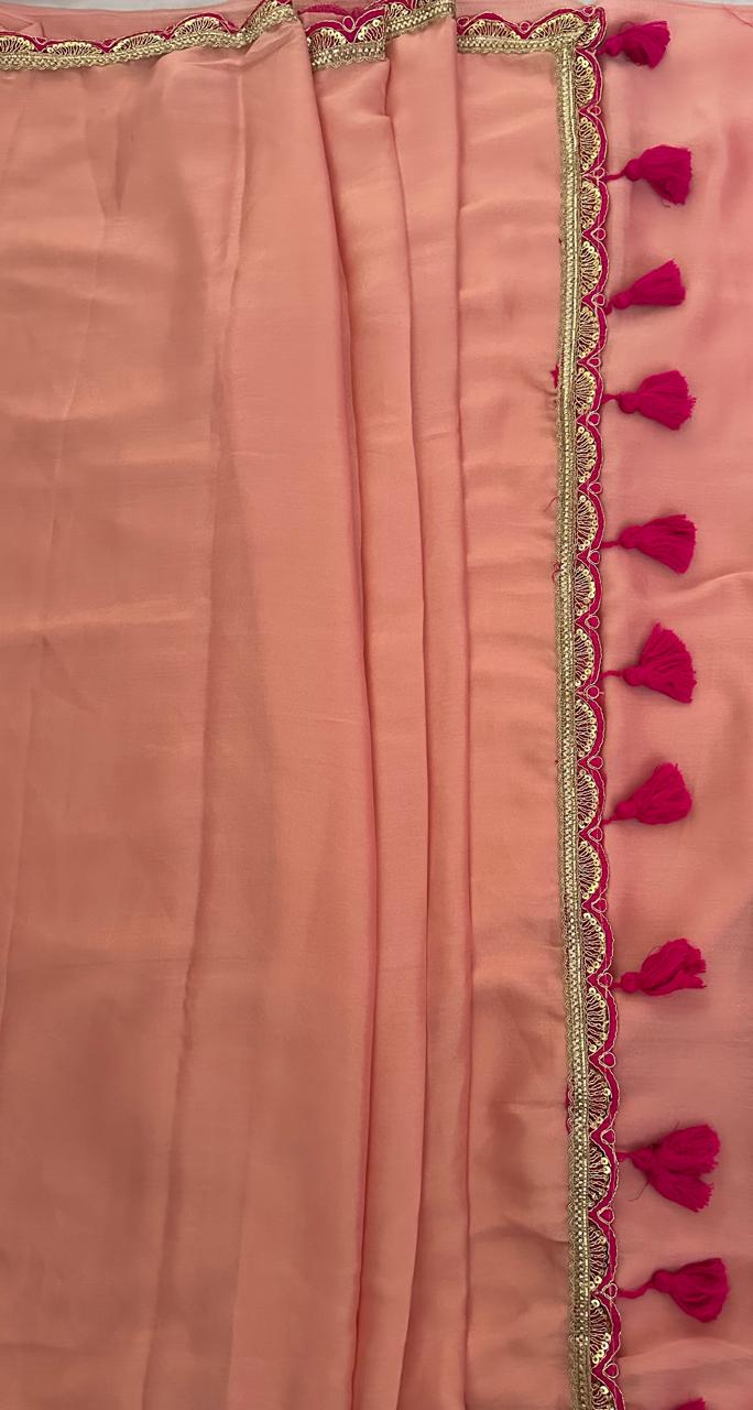 Peach Colour Soft Silk Saree with Contrast Pink Blouse & Elegant Border