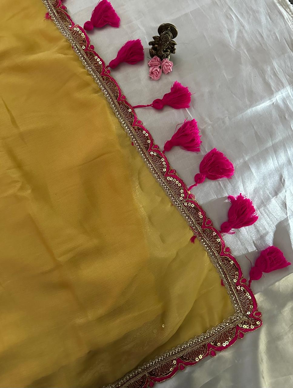 Mustard Yellow Organza Saree with Magenta Pink Embroidered Border & Blouse