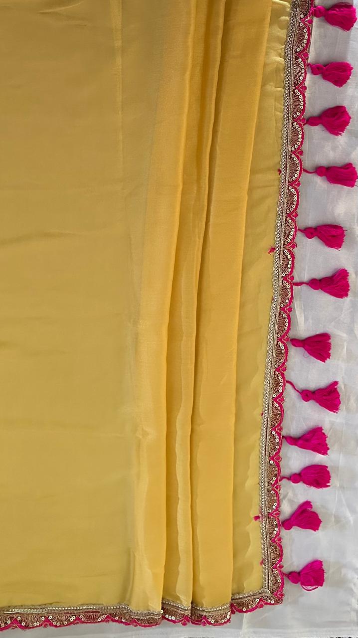Mustard Yellow Organza Saree with Magenta Pink Embroidered Border & Blouse