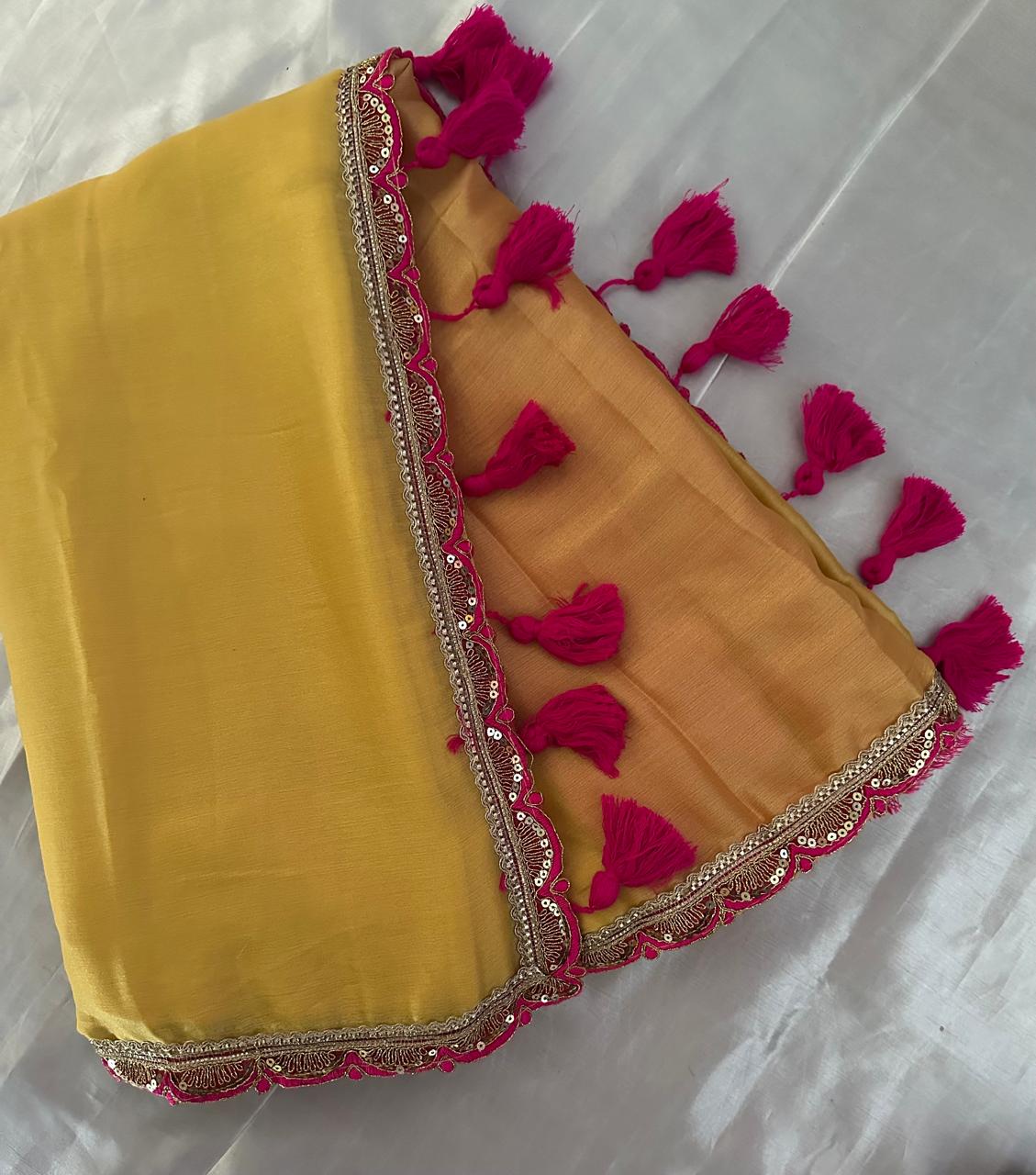 Mustard Yellow Organza Saree with Magenta Pink Embroidered Border & Blouse