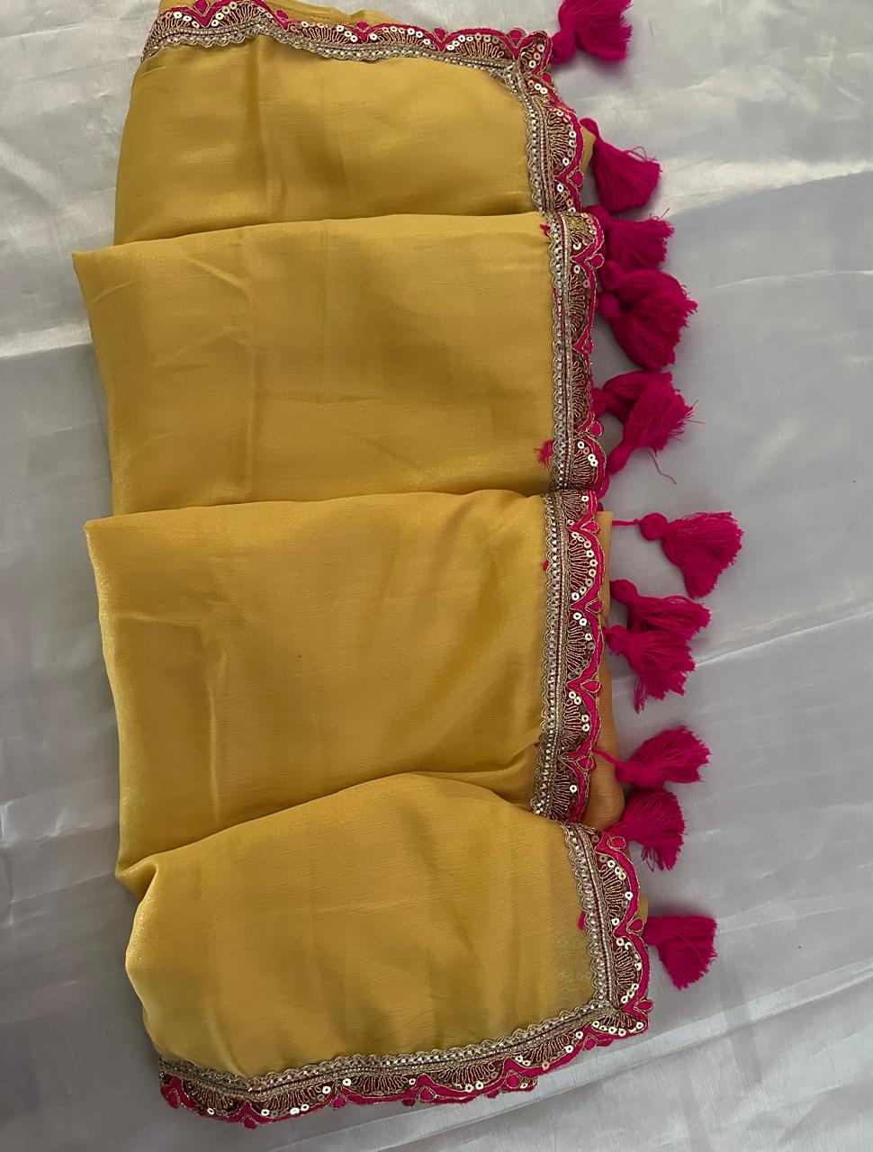 Mustard Yellow Organza Saree with Magenta Pink Embroidered Border & Blouse