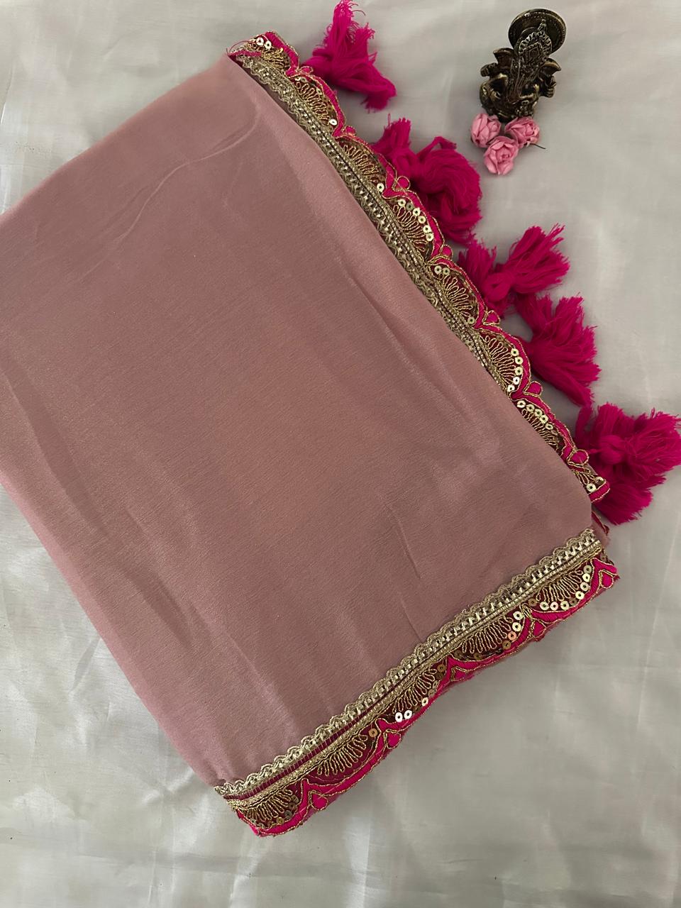 Rose Brown Organza Saree with Magenta Pink Embroidered Border & Blouse