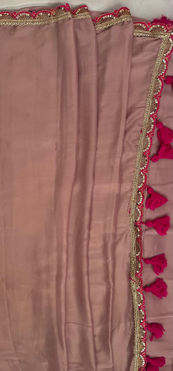 Rose Brown Organza Saree with Magenta Pink Embroidered Border & Blouse