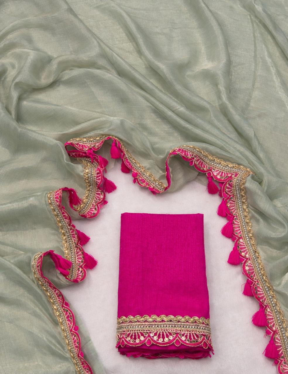 Sage Green Tissue Silk Saree with Magenta Pink Blouse & Designer Lace Border