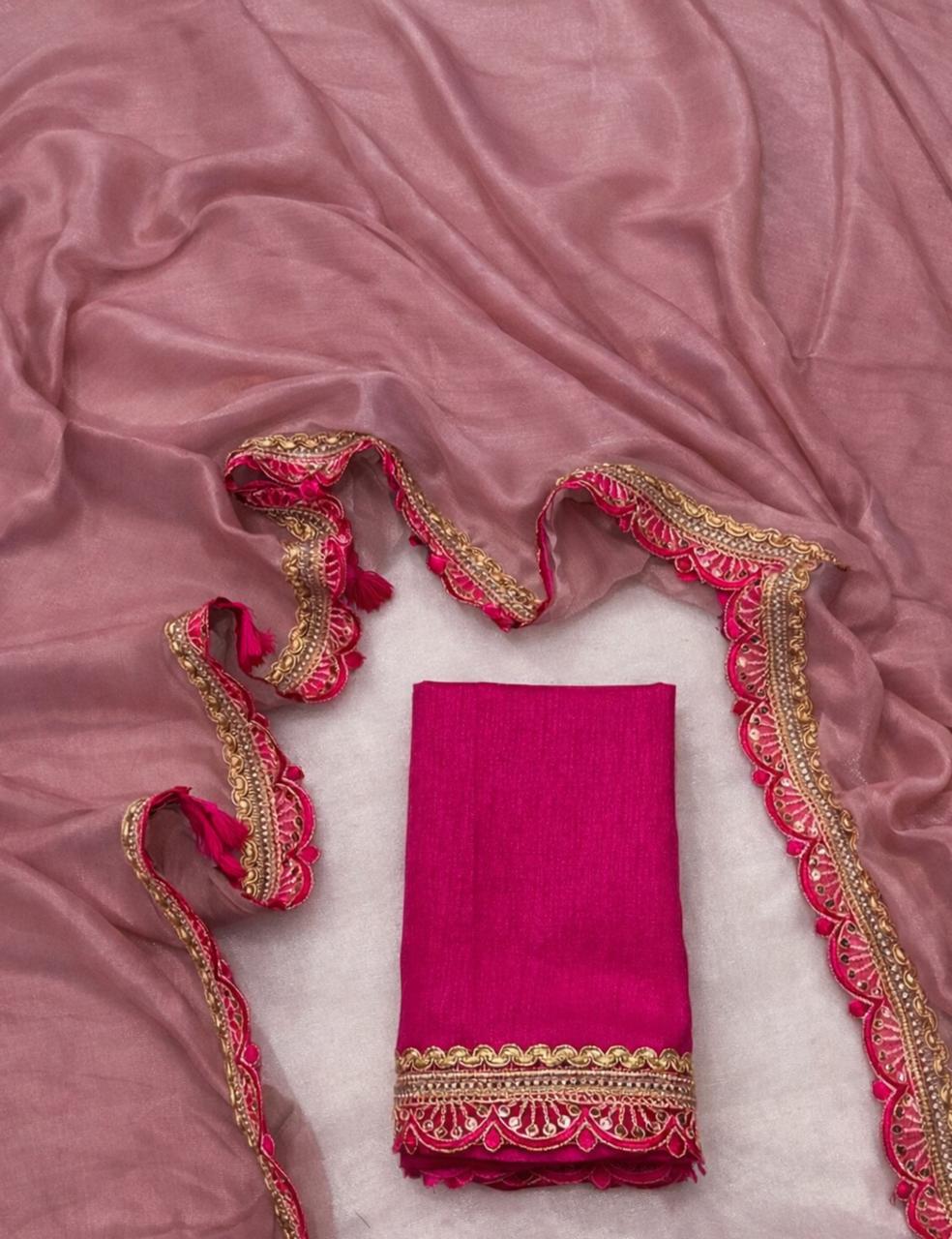 Rose Brown Organza Saree with Magenta Pink Embroidered Border & Blouse