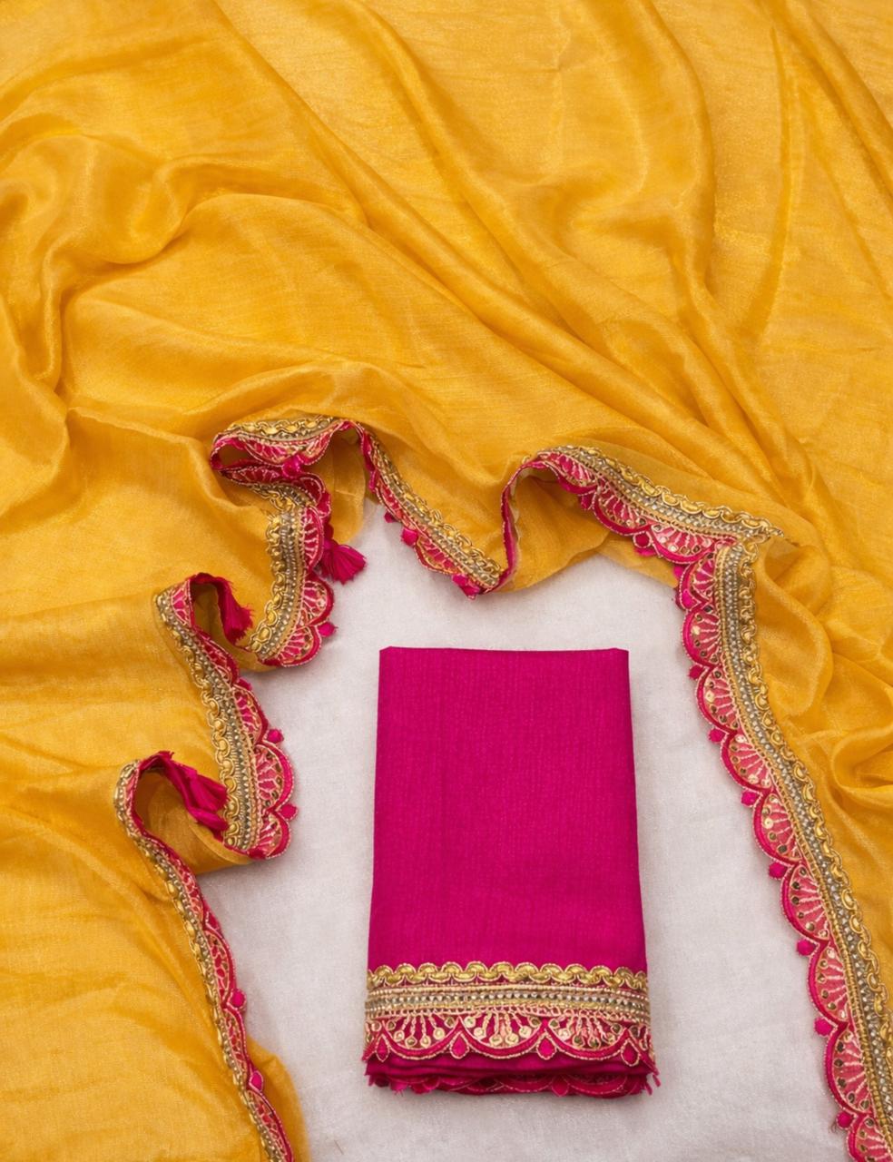 Mustard Yellow Organza Saree with Magenta Pink Embroidered Border & Blouse