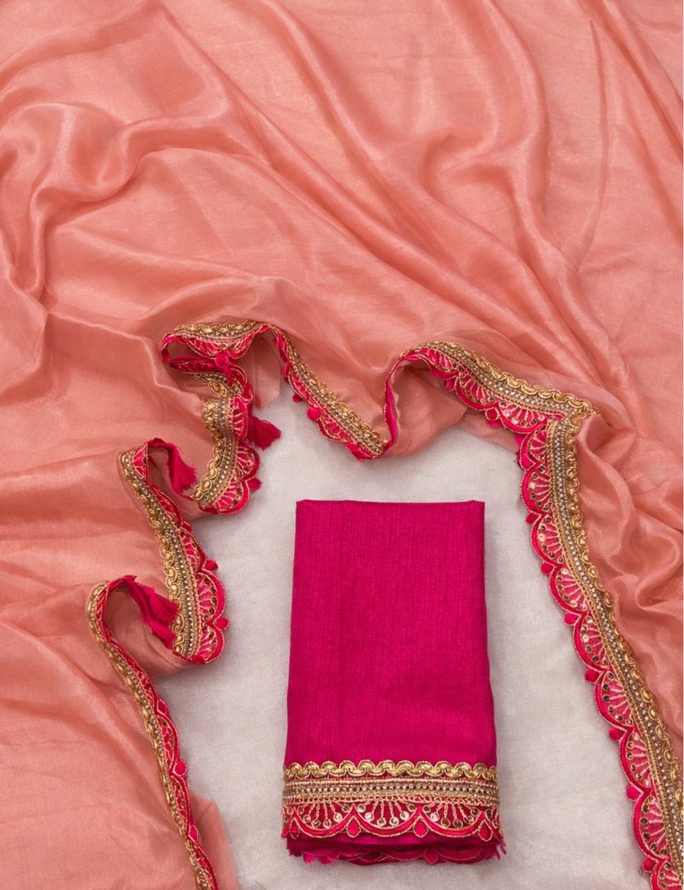 Peach Colour Soft Silk Saree with Contrast Pink Blouse & Elegant Border