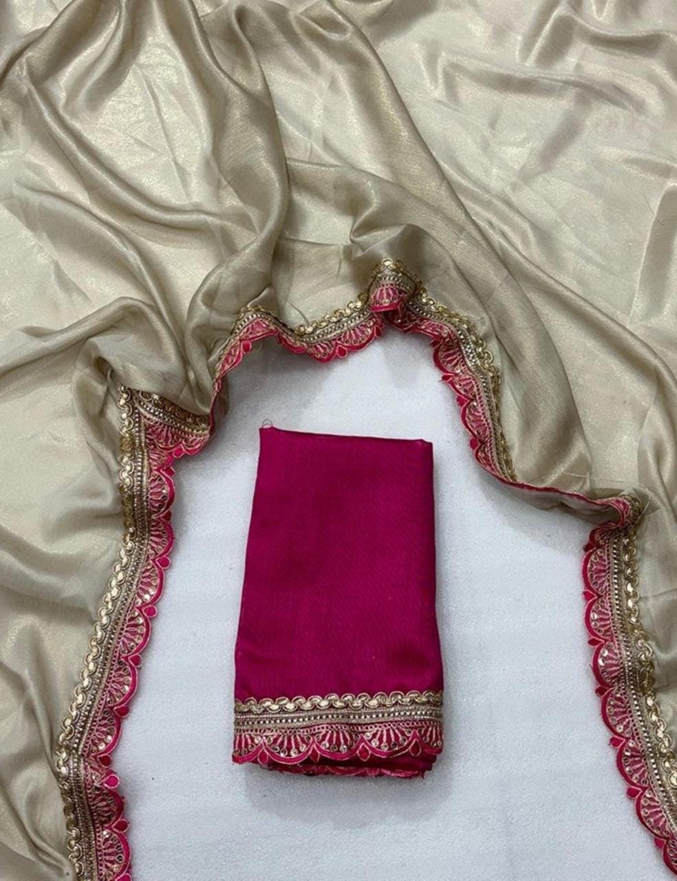 Beige Tissue Silk Saree with Magenta Pink Blouse & Designer Lace Border