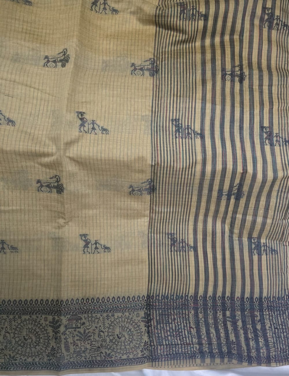 Beige Sandalwood Shade Soft Cotton Saree with Black Tribal Print & Tassel Border