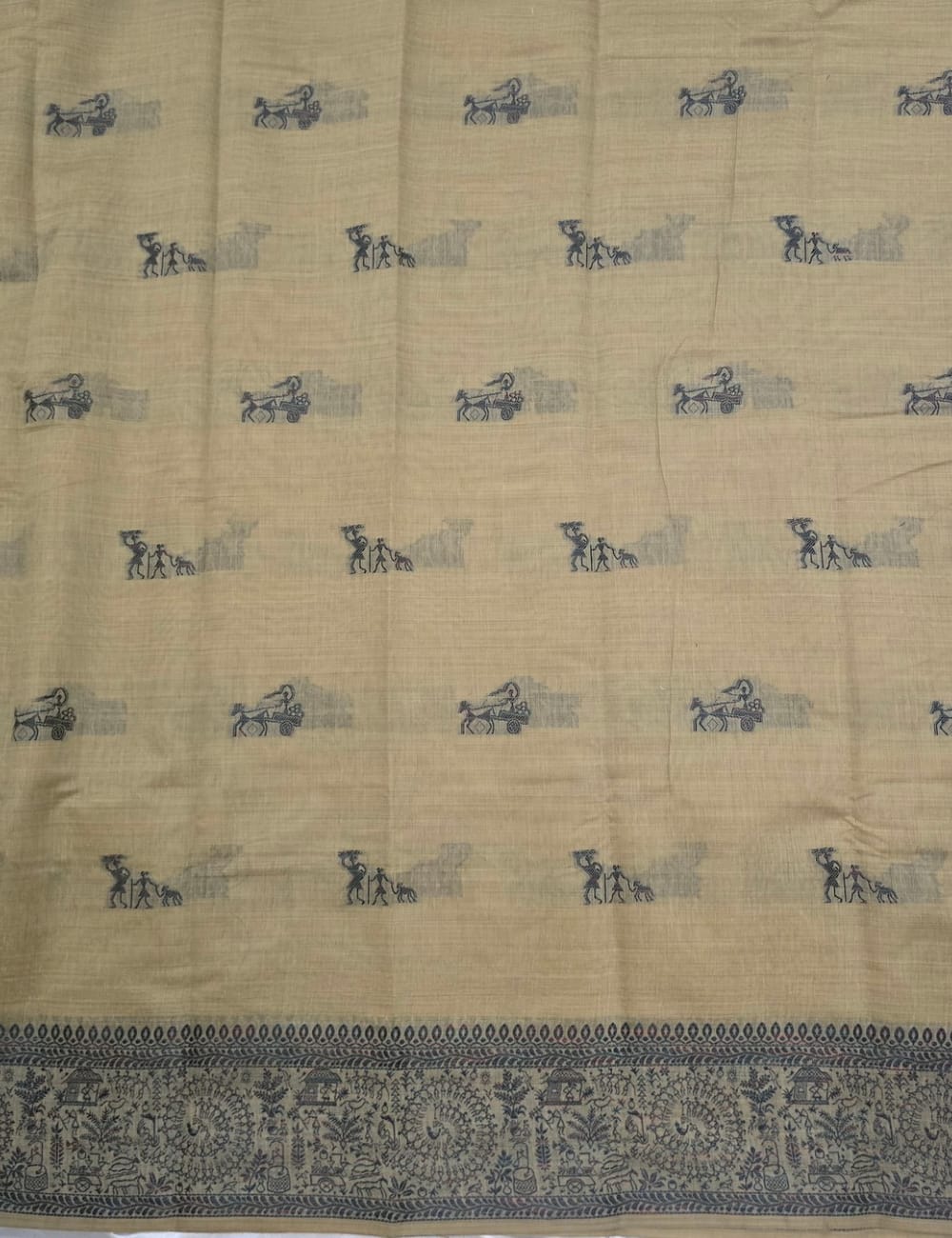 Beige Sandalwood Shade Soft Cotton Saree with Black Tribal Print & Tassel Border