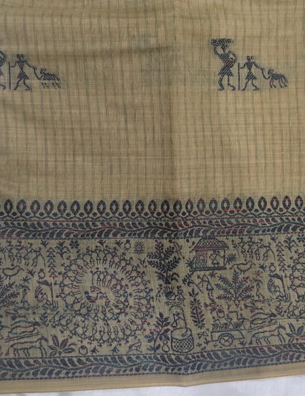 Beige Sandalwood Shade Soft Cotton Saree with Black Tribal Print & Tassel Border