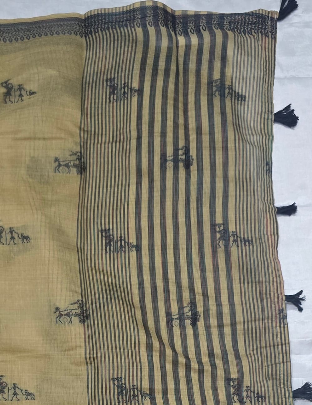Beige Sandalwood Shade Soft Cotton Saree with Black Tribal Print & Tassel Border