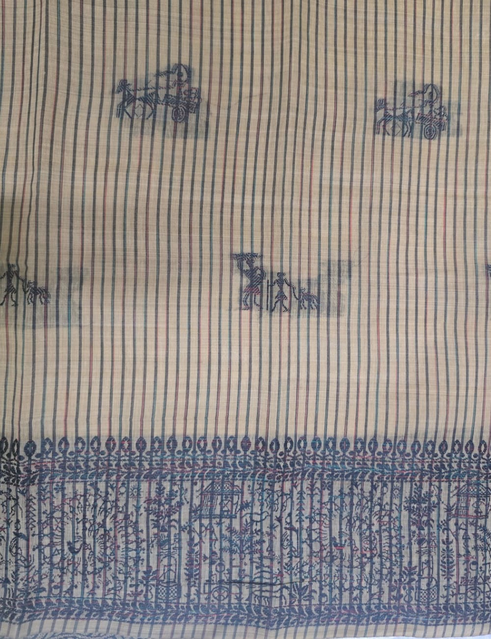 Beige Sandalwood Shade Soft Cotton Saree with Black Tribal Print & Tassel Border