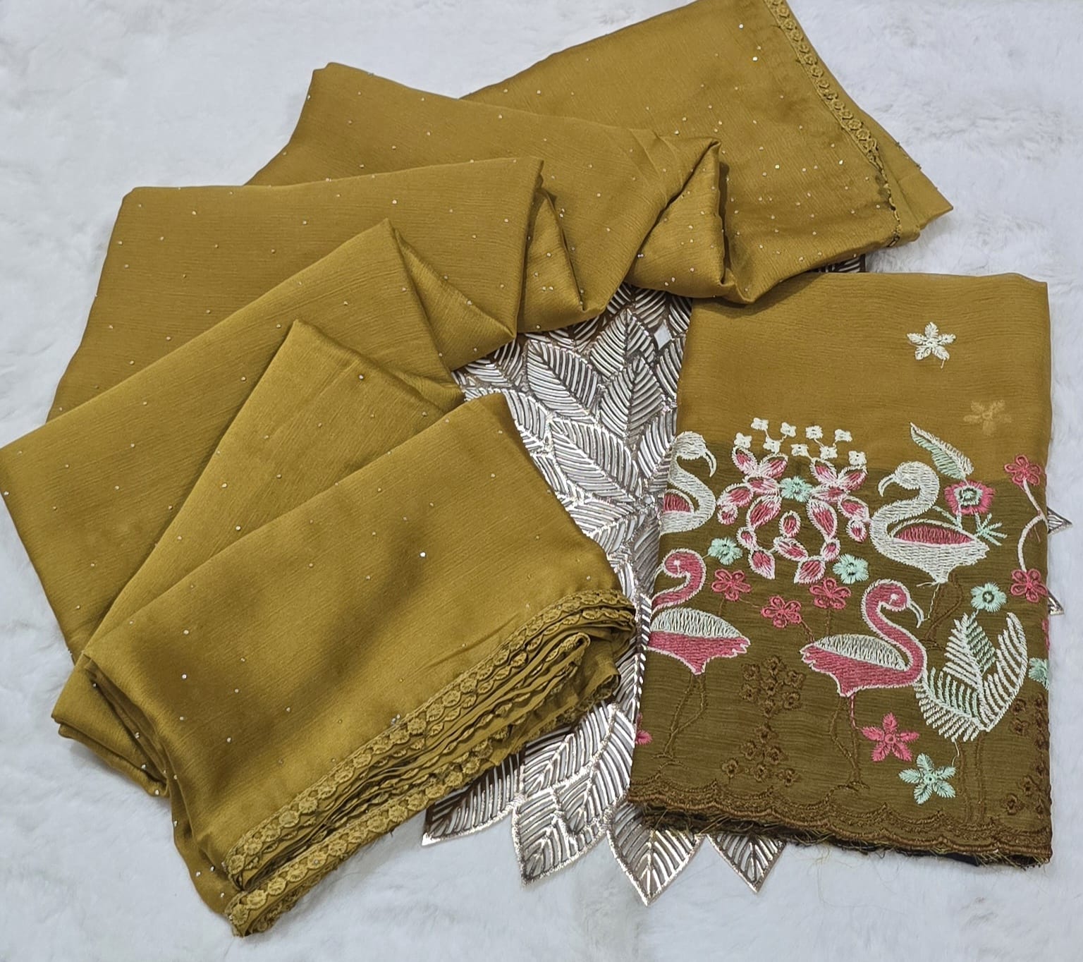 Mustard Saree With Border Lacework & Embroidered Blouse