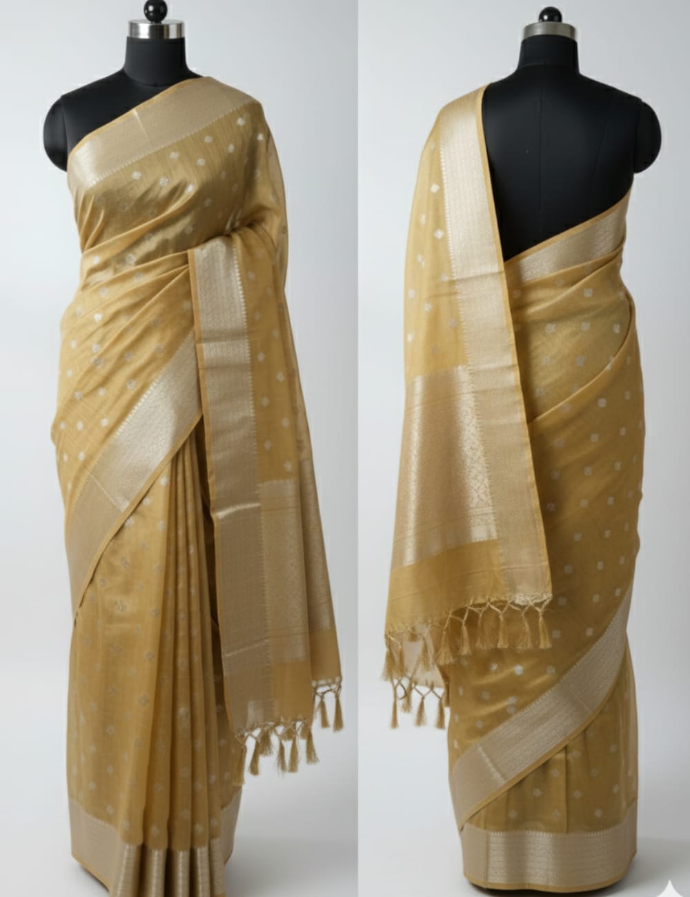 "Elegant Golden Tussar Silk Saree with Subtle Polka Weave & Lustrous Finish 💛"