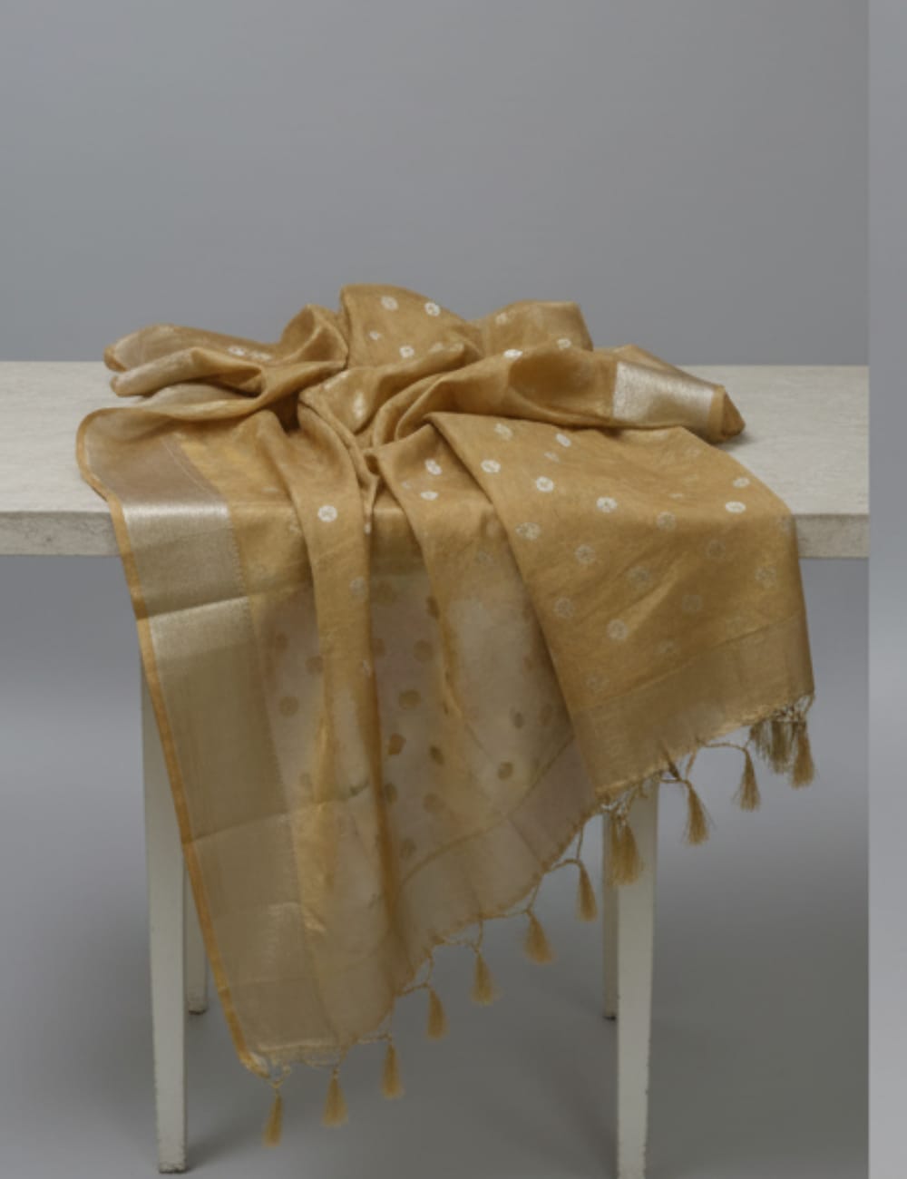 "Elegant Golden Tussar Silk Saree with Subtle Polka Weave & Lustrous Finish 💛"