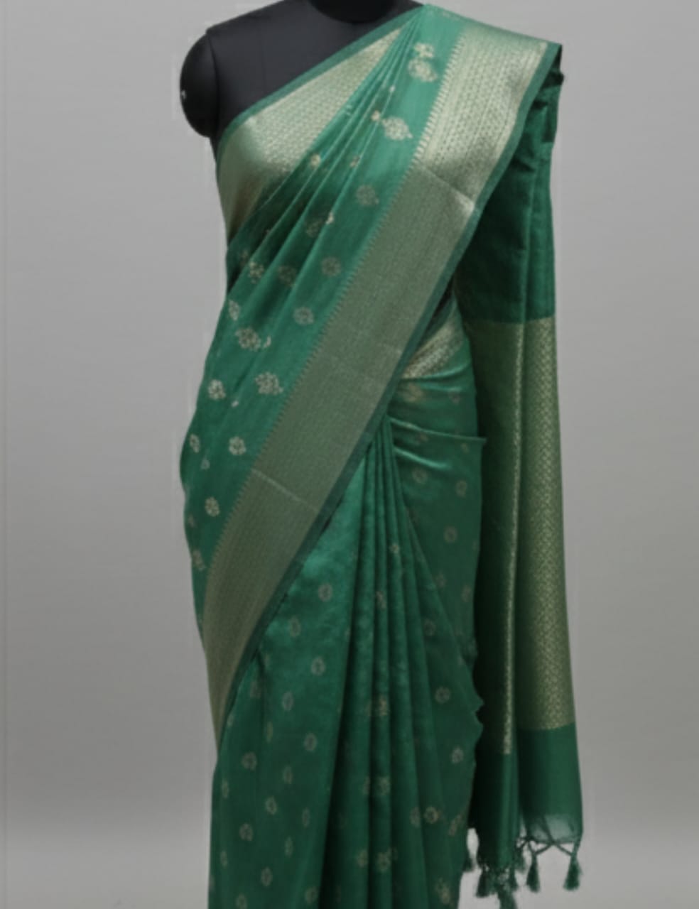 "Elegant Bottle Green Tussar Silk Saree with Woven Zari Motifs & Lustrous Border ✨"