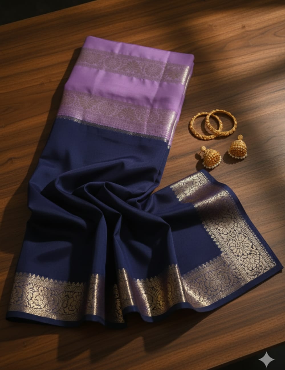 LEMON YELLOW AND NAVY BLUE CREPE SILK SAREE WITH A GOLDEN ZARI BORDER