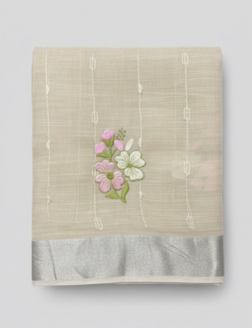 ✨ Elegant Beige Saree with Floral Embroidery & Tassels 🌸🎀