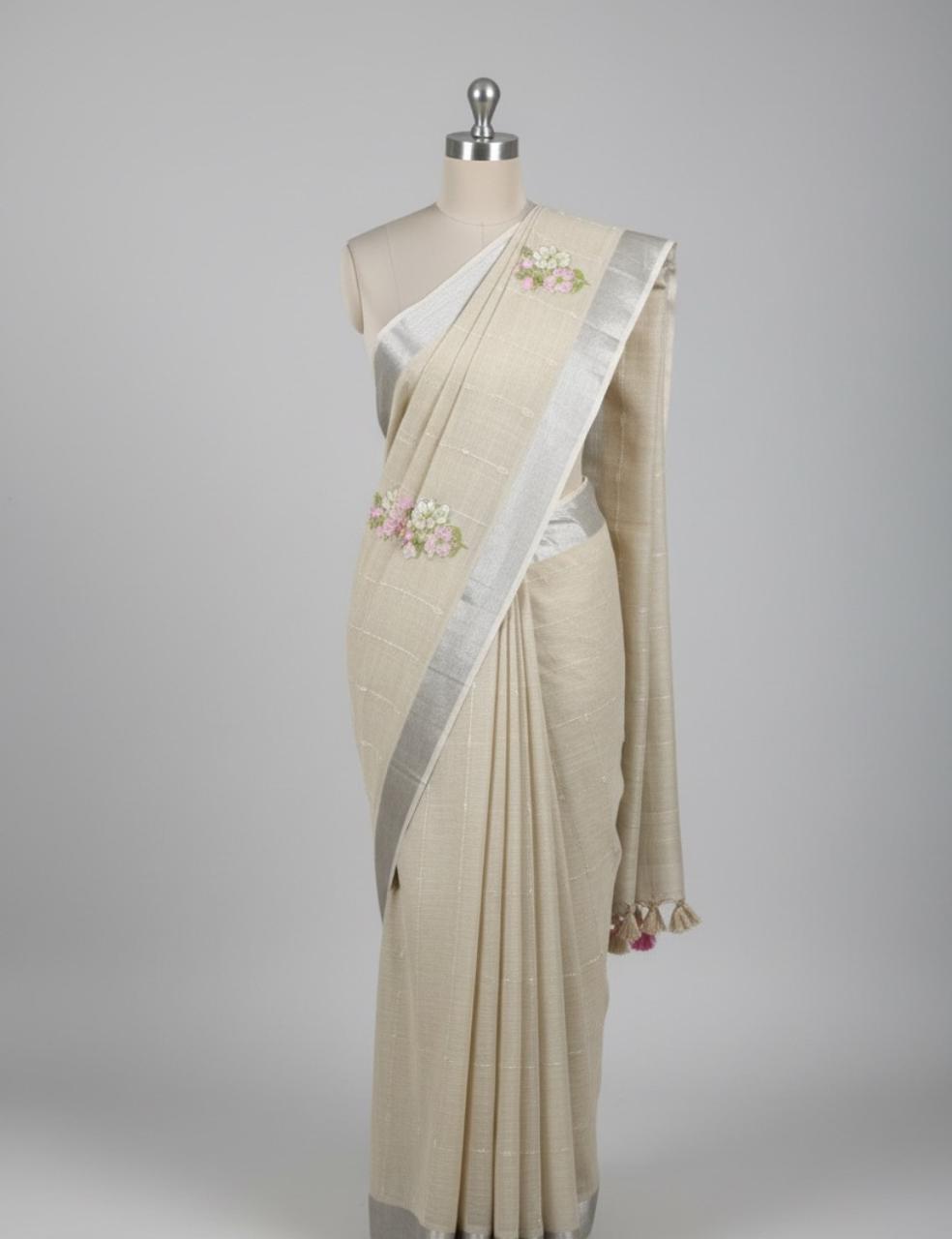 ✨ Elegant Beige Saree with Floral Embroidery & Tassels 🌸🎀