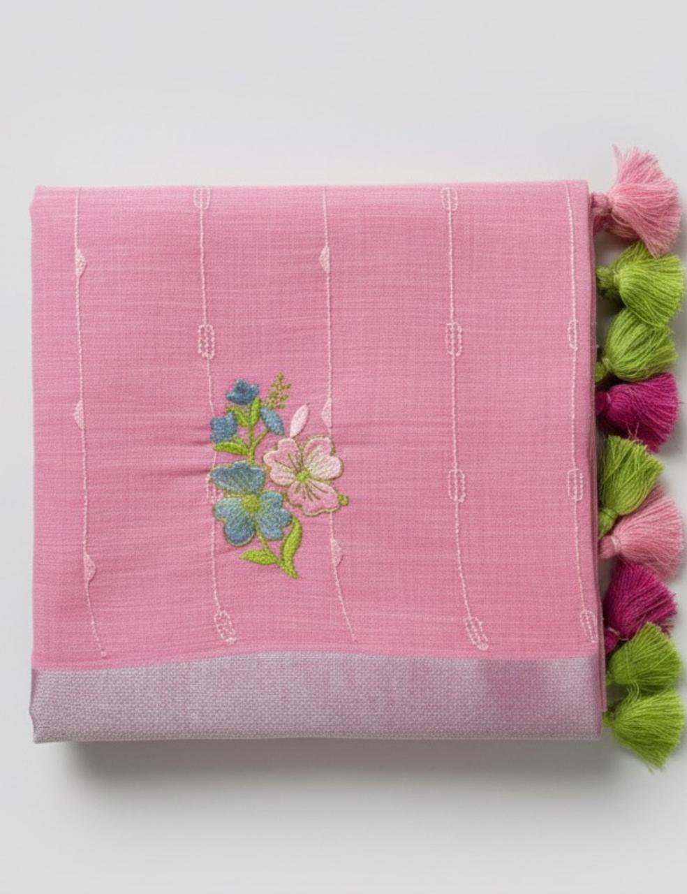 🌸 Graceful Pink Saree with Colorful Tassels 🎀✨
