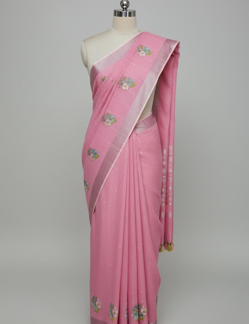 🌸 Graceful Pink Saree with Colorful Tassels 🎀✨