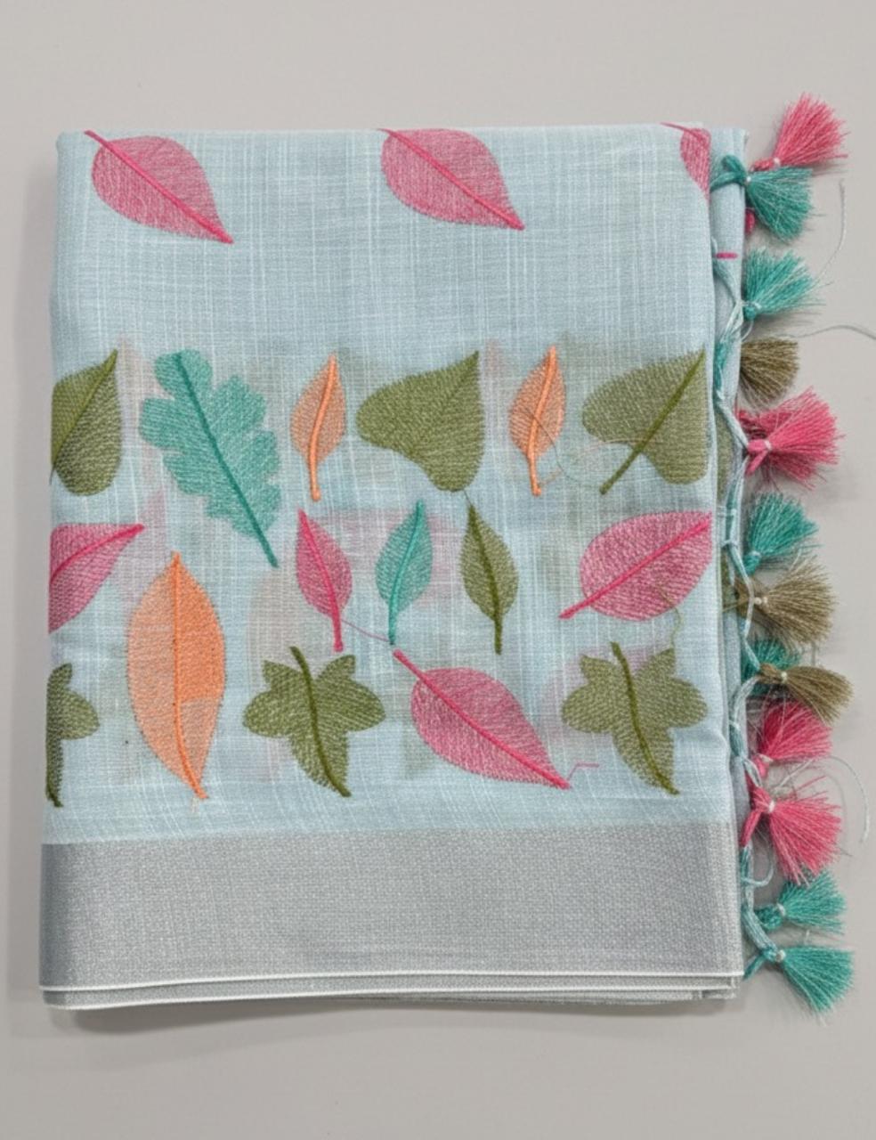 Sky BlueLinen Handloom Leaf-Embroidered Saree with Colorful Tassels