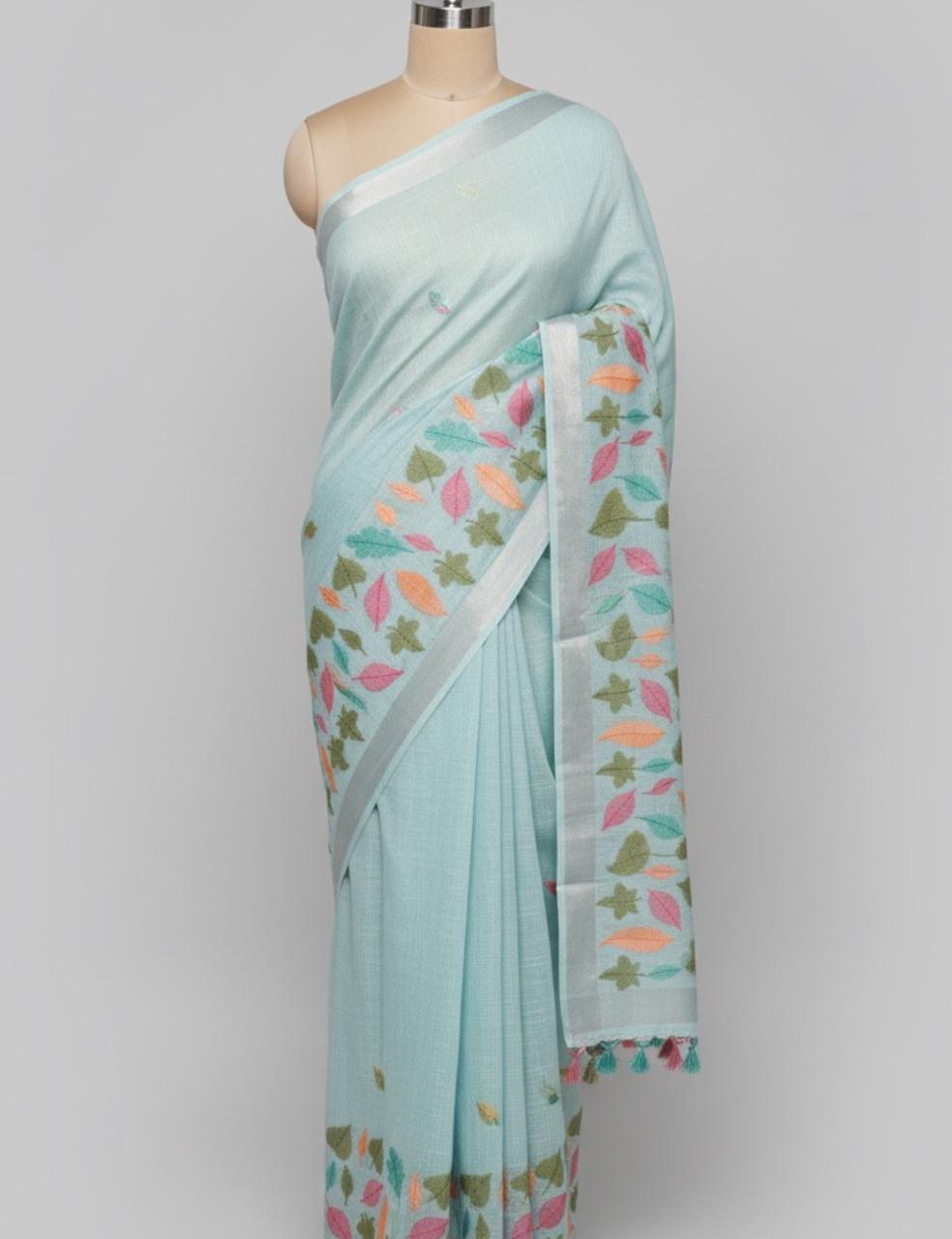 Sky BlueLinen Handloom Leaf-Embroidered Saree with Colorful Tassels