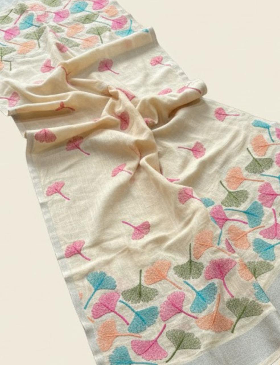 🌸 Elegant White Saree with Multicolor Leaf Embroidery 🍃✨